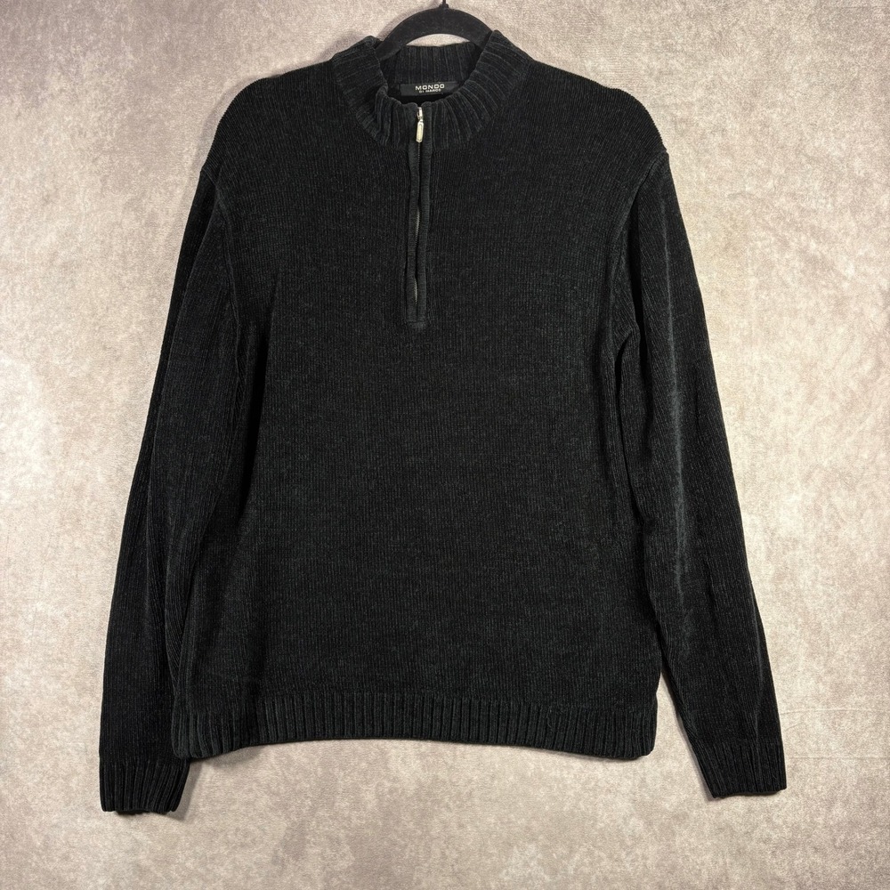 Mondo Di Marco Sweater Mens Medium Black Quarter Zip Chenille Ribbed Mock Neck